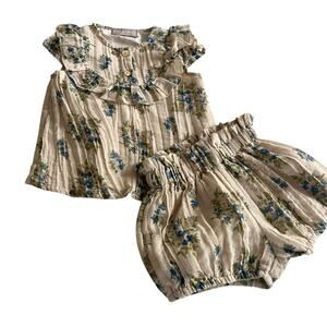 One Child Girls Beige Floral Pleated Ruffle Trim Summer Matching Set Size 24 M